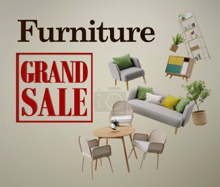 Foto de Furniture flying in background.Concept for selling furniture advertisement.3d rendering - Imagen libre de derechos