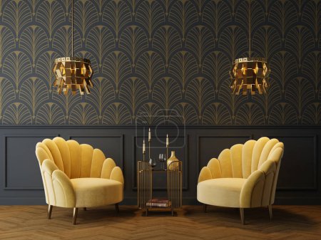 Téléchargez les photos : Intérieur art déco dans un style classique avec fauteuils jaunes et lampadaires.3d rendu. - en image libre de droit