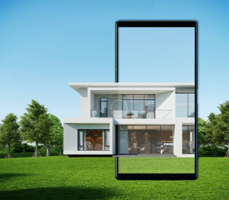Téléchargez les photos : Maison moderne dans l'affichage de téléphonie mobile.Concept pour la publicité immobilière.3d rendu immobilier - en image libre de droit