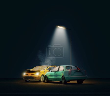 Foto de Un accidente de coche por la noche.Concepto para la representación insurance.3d - Imagen libre de derechos