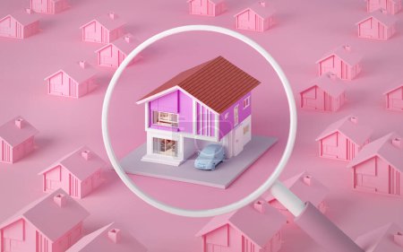 Foto de Color pastel isométrico de la casa con concepto de lupa para publicidad de la casa o buscando comprar representación house.3d - Imagen libre de derechos