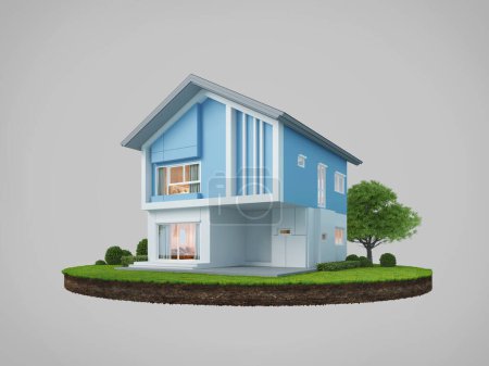 Téléchargez les photos : Maison bleue sur terre dans le style moderne.3d rendu - en image libre de droit