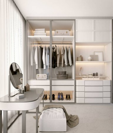 Photo for White luxury walk in closet interior with light frome the window.3d rendering - Royalty Free Image