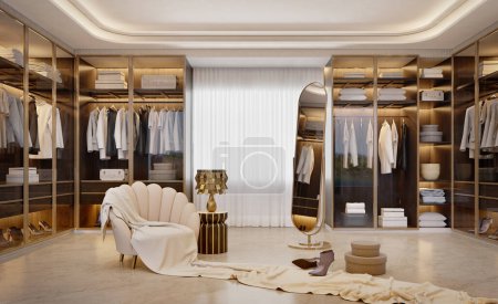 Photo for Luxury walk in closet interior with armchair and mirror.3d rendering - Royalty Free Image