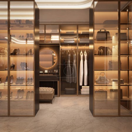 Photo for Luxury walk in closet interior with wood and gold elements.3d rendering - Royalty Free Image