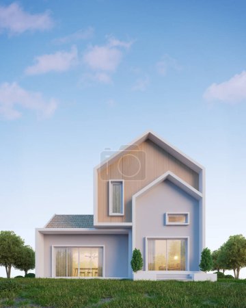 Photo for Nordic house exterior on the grassy knoll with copy space and blue sky.3d rendering - Royalty Free Image