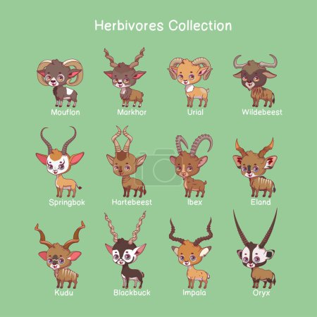 Illustration for Big collection of herbivore animals with name text - Royalty Free Image