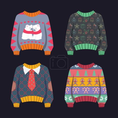 Ilustración de Feo colección de jersey de Navidad con patrones festivos - Imagen libre de derechos