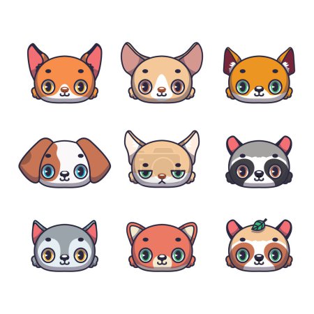 Téléchargez les illustrations : Collection of nine cute canines including fox, fennec fox, dingo, dog, tibetan sand fox, raccoon, wolf, dhole and raccoon dog - en licence libre de droit