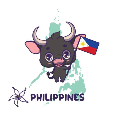 Illustration for National animal carabao holding the flag of Philippines. National flower sampaguita jasmine displayed on bottom left - Royalty Free Image