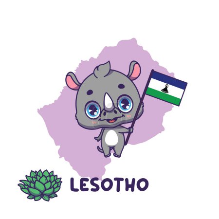 Téléchargez les illustrations : Rhinocéros noir animal national tenant le drapeau du Lesotho. Aloe spirale fleur nationale affichée en bas à gauche - en licence libre de droit