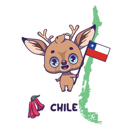 Illustration for National animal huemul deer holding the flag of Chile. National flower lapageria displayed on bottom left - Royalty Free Image