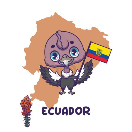 Téléchargez les illustrations : Condor national animal andin tenant le drapeau de l'Équateur. Fleur nationale chuquiraga affichée en bas à gauche - en licence libre de droit