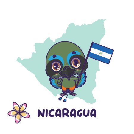 Ilustración de Motmot nacional de cejas turquesas con bandera de Nicaragua. Flor nacional sacuanjoche muestra en la parte inferior izquierda - Imagen libre de derechos