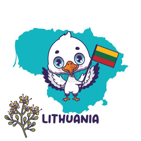 Ilustración de Cigüeña nacional de animales con bandera de Lituania. Flor nacional rue muestra en la parte inferior izquierda - Imagen libre de derechos