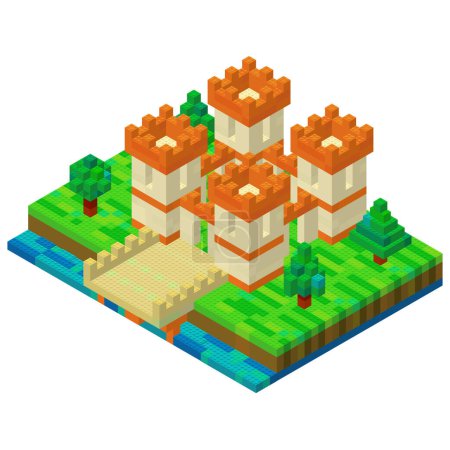 Castle with a bridge assembled from plastic blocks in isometric style for printing and decoration. Vector clipart.