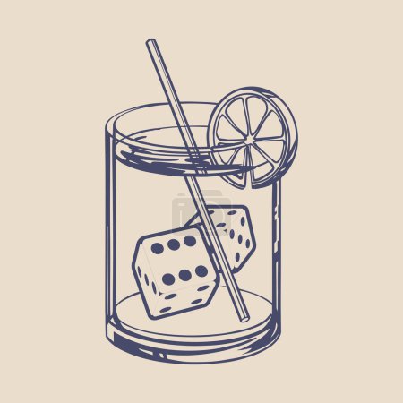 glass of whiskey with dice. Gambling concept. Vector clipart