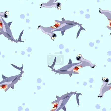 Ilustración de Patrón de tiburones en estilo de dibujos animados sobre un fondo rosa claro para imprimir y diseñar. Clipart vectorial. - Imagen libre de derechos