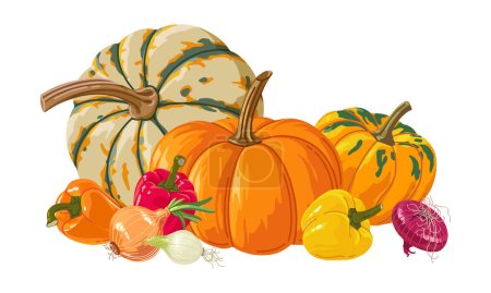 Téléchargez les illustrations : Nature morte de légumes d'automne, poivre de citrouille et oignon. Clipart vectorielle - en licence libre de droit