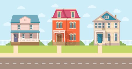Illustration for Street with two-storey private houses, prestigious suburban area. Vector clipart - Royalty Free Image
