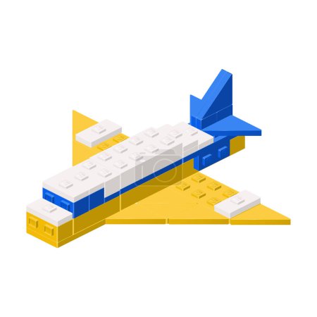 Illustration for Plane assembled from plastic blocks in isometric style for printing and decoration. Vector clipart. - Royalty Free Image