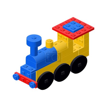 Eine Dampflokomotive aus Plastikblöcken, ein Spielzeug für ein Kind. Vektorillustration