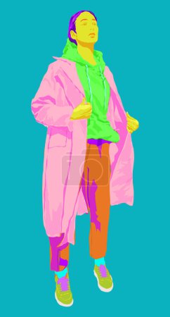 Ilustración de Una chica en ropa brillante sobre un fondo turquesa en un estilo realista para la impresión y el diseño. Clipart vectorial. - Imagen libre de derechos