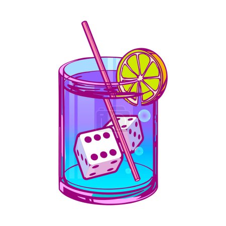 Cocktail with playing ice cubes in pop art style on a white background for printing and design. Vector clipart.
