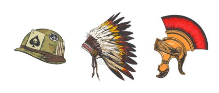 Illustration for Bright set of headdresses of the US soldier, gladiator and Chief of the tribe in hand drow style for printing and design. Vector clipart. - Royalty Free Image