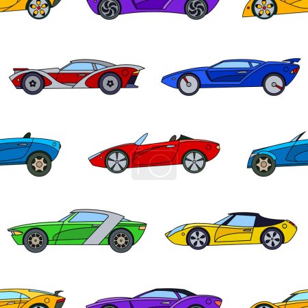 Colorful pattern of sports cars on a white background in cartoon style for print and design. Vector clipart.