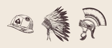 Illustration for A set of headdresses of warriors from different times and countries in the hand drow style for printing and design.Vector clipart. - Royalty Free Image