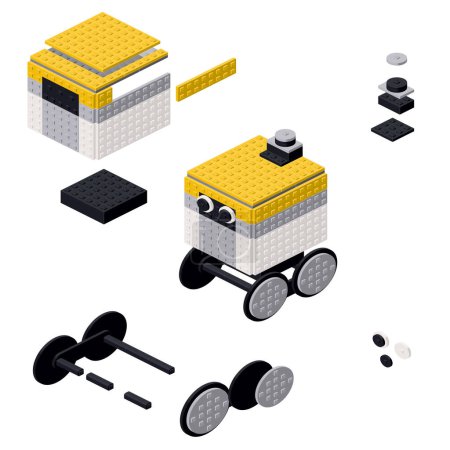 Concept avec robot courier en briques de plastique. Illustration vectorielle
