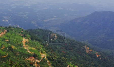 panorama de exuberante verde nilgiri montaña estribaciones y terraza campo, jardín de té de coonoor cerca ooty colina estación en tamilnadu, sur de la India