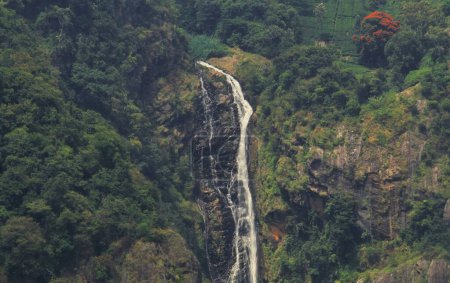 Saftig grüne Nilgiri-Berge und wunderschöner Katherine-Wasserfall aus Delfinnase-Sicht von coonoor in der Nähe von ooty hill station in tamilnadu, Indien