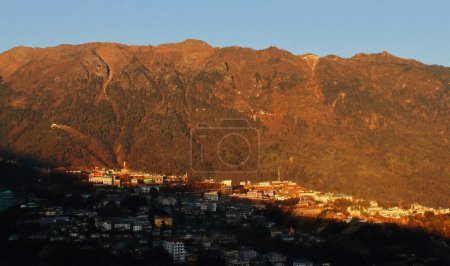 Photo for Panoramic view of tawang hill station, located on the slopes of himalaya mountains near india china border in arunachal pradesh, north east india - Royalty Free Image