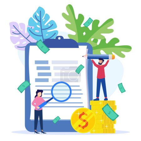 Illustration for Flat Isometric Vector Illustration. Coins, Banknotes, Financial Documents are in the building of the Bank. Public Financial Audit Concept. - Royalty Free Image