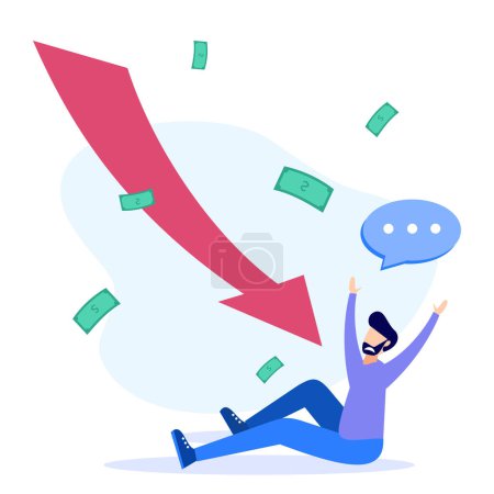 Illustration for Economic crisis hit flat style vector illustration. Management failed to make profit, businessman sad, business fell to chart, arrow, failed business, risk, problem. - Royalty Free Image