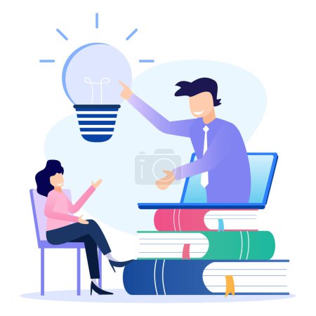 Illustration for Flat vector illustration of business consulting with expert help and financial advice. Motivating beginners with brilliant business ideas. - Royalty Free Image