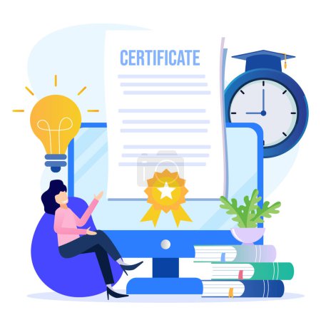 Téléchargez les illustrations : Flat style vector illustration of a person character receiving an award. A certificate document for an award or diploma for the attainment of skills or knowledge. - en licence libre de droit