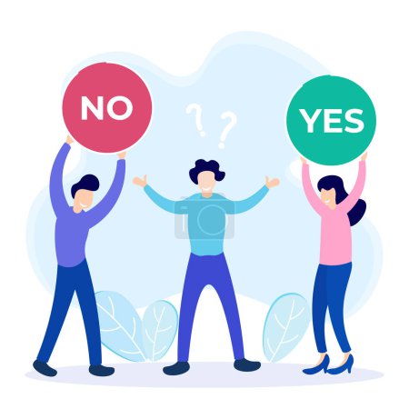 Illustration for Choose a vector illustration. Concept selection process by office workers. Symbolic scenes with yes or no answers and decision making. Positive or negative persuasion and convincing visualization. - Royalty Free Image