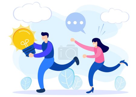 Illustration for Flat vector illustration Plagiarism concept with scenes of people in flat cartoon style. People character tries to steal his colleague's ideas. - Royalty Free Image