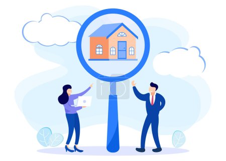 Flache Vektorillustration der Wohnungsauswahl und -suche, des Hausprojekts, des Immobiliengeschäftskonzepts. Suche online