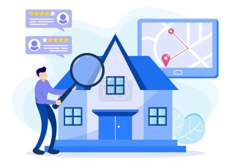 Illustration vectorielle plate de la sélection et de la recherche de la maison, projet de maison, concept d'entreprise immobilière. recherche en ligne