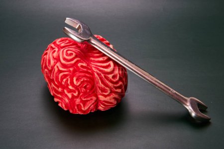 Ein Schraubenschlüssel auf einem roten Fake-Gehirn. Konzept, den Verstand zu reparieren.
