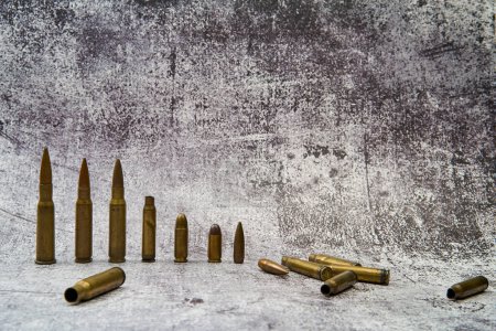 Munitions de différents calibres et cartouches vides placées sur une surface en béton.