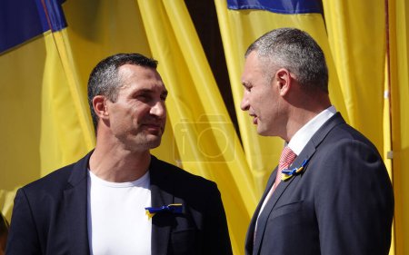 Photo for Kiev, Ukraine August 23, 2020: speech to the people in honor of the national flag of Ukraine by the mayor of Kiev Vitali Klitschko and his brother Wladimir Klitschko world boxing champions - Royalty Free Image