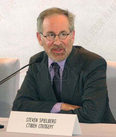 Photo for Steven Spielberg at a press conference dedicated to the screening of the film "Name Yours" the name of the Ukrainian director_ the inscription on the background - Royalty Free Image