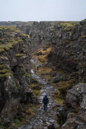 Foto de Camino a la cascada de xarrfoss en el parque Thingvellir, Islandia. Donde se puede caminar entre dos continentes. - Imagen libre de derechos