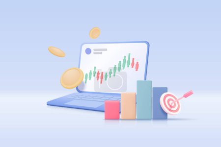 3D online trading with laptop on blue sky background. Notebook using funding business graph on computer with money coin concept. 3d vector trading for business investment render illustration