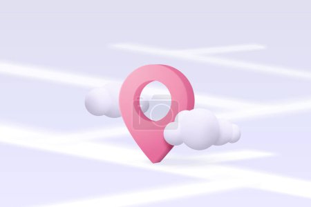 Illustration for 3D location point marker of map or navigation pin icon sign on isolated cloud background. navigation is pink pastel colour with shadow on map direction. 3d GPS pin vector rendering illustration - Royalty Free Image